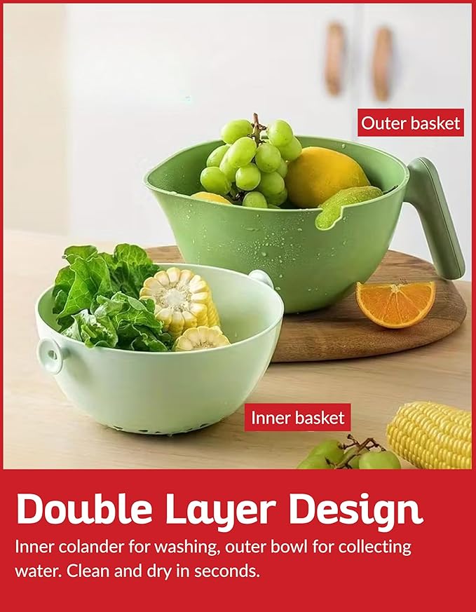 Multi Functional Draining Basket – Double Layer Colander & Bowl for, Fruits & Vegetables – Durable BPA-Free, Dishwasher Safe (Avocado Green)