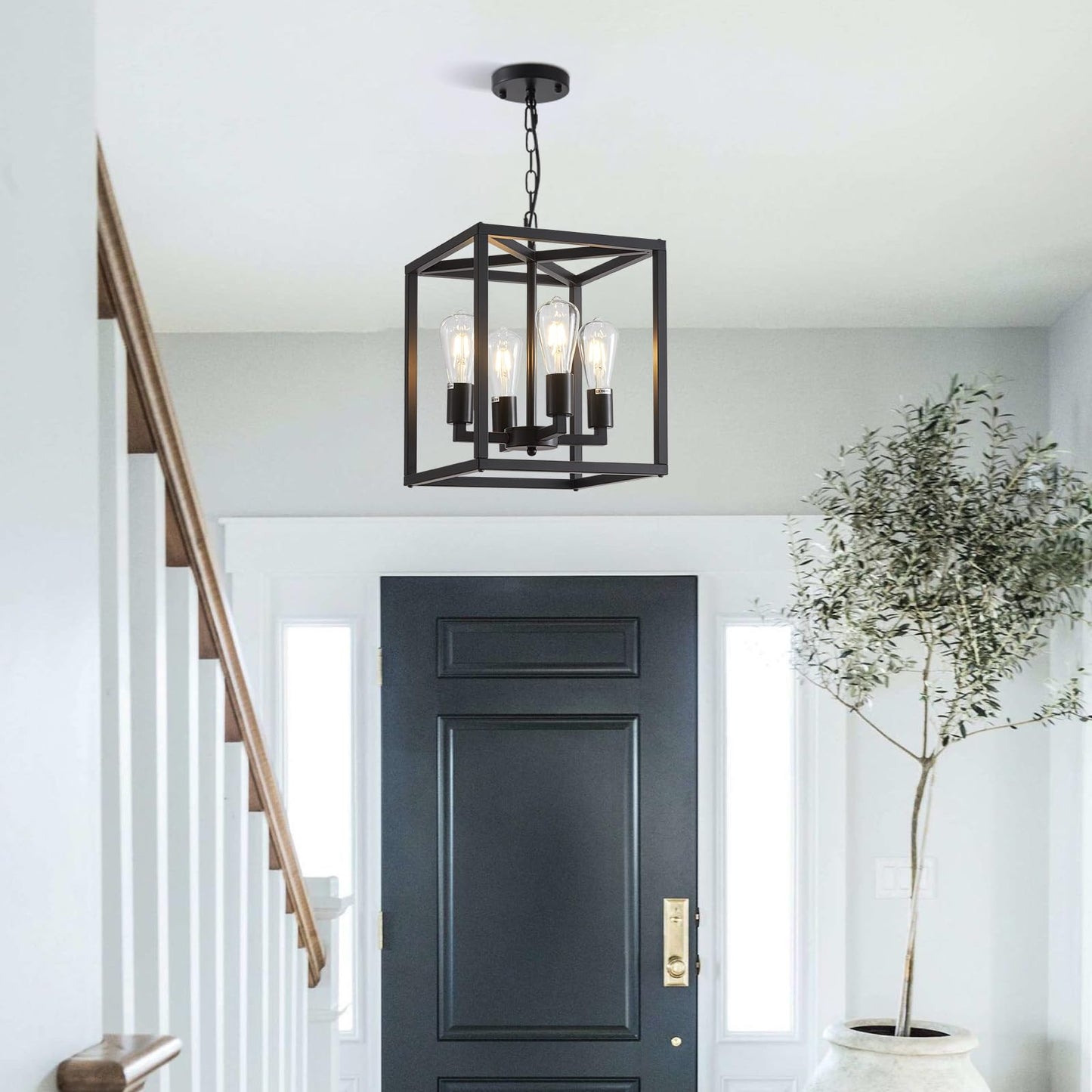 Lanhall 4-Light Farmhouse Chandelier, Adjustable Height, Metal Cage, Black Pendant Lighting For Kitchen, Dining Room, Living Room, Bedroom