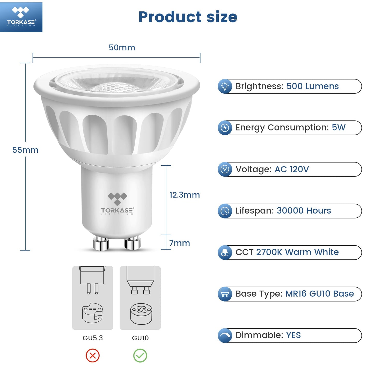 Torkase GU10 LED Bulb, Dimmable 5W 50W Equivalent, 2700K Warm White, 6 Pack, Plastic