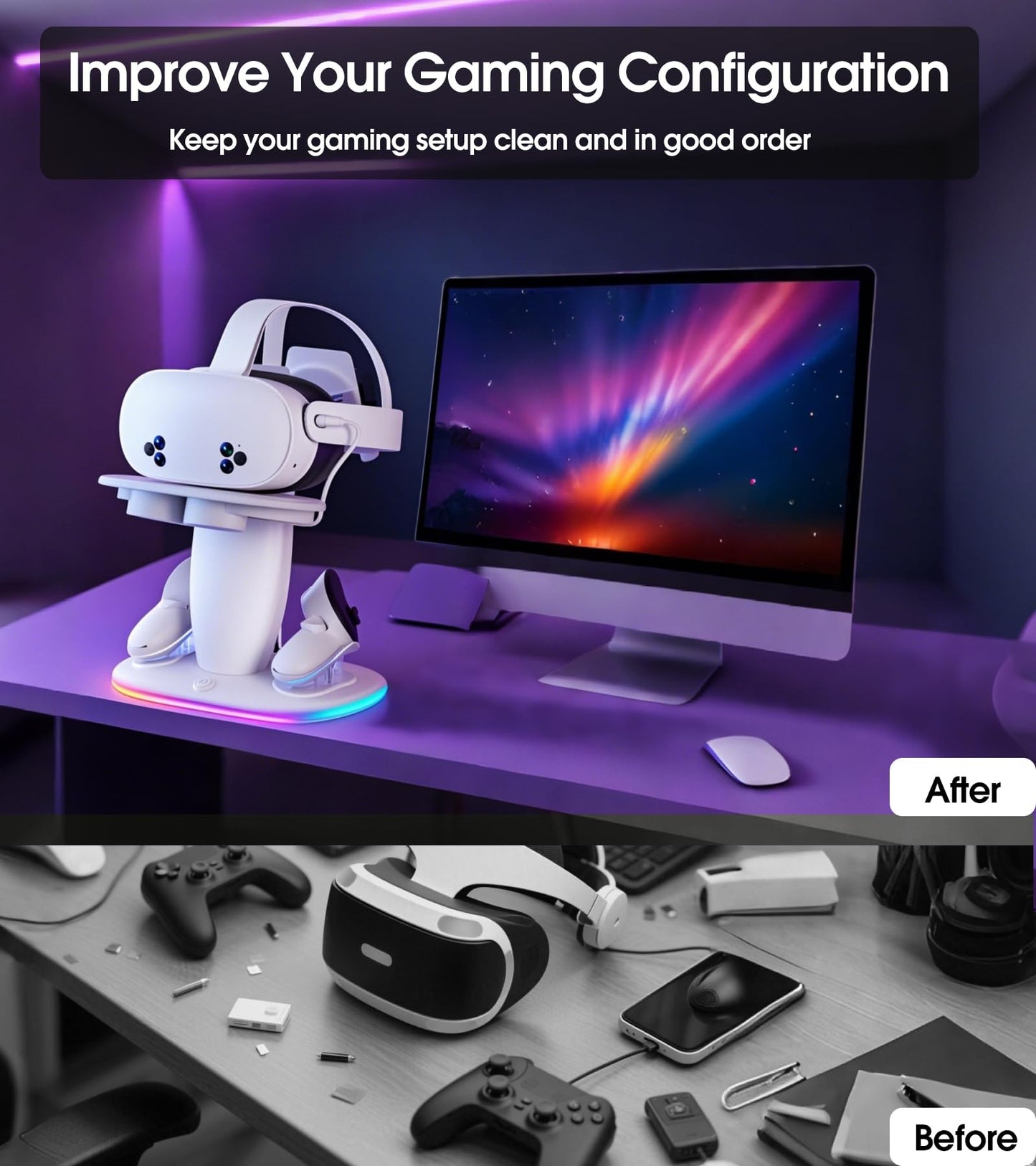 Charging Dock for Meta Quest 2/3/3S,VR Headset Charging Dock and Controllers with RGB Light, USB-C Charger and Cable, Fast Charging Station