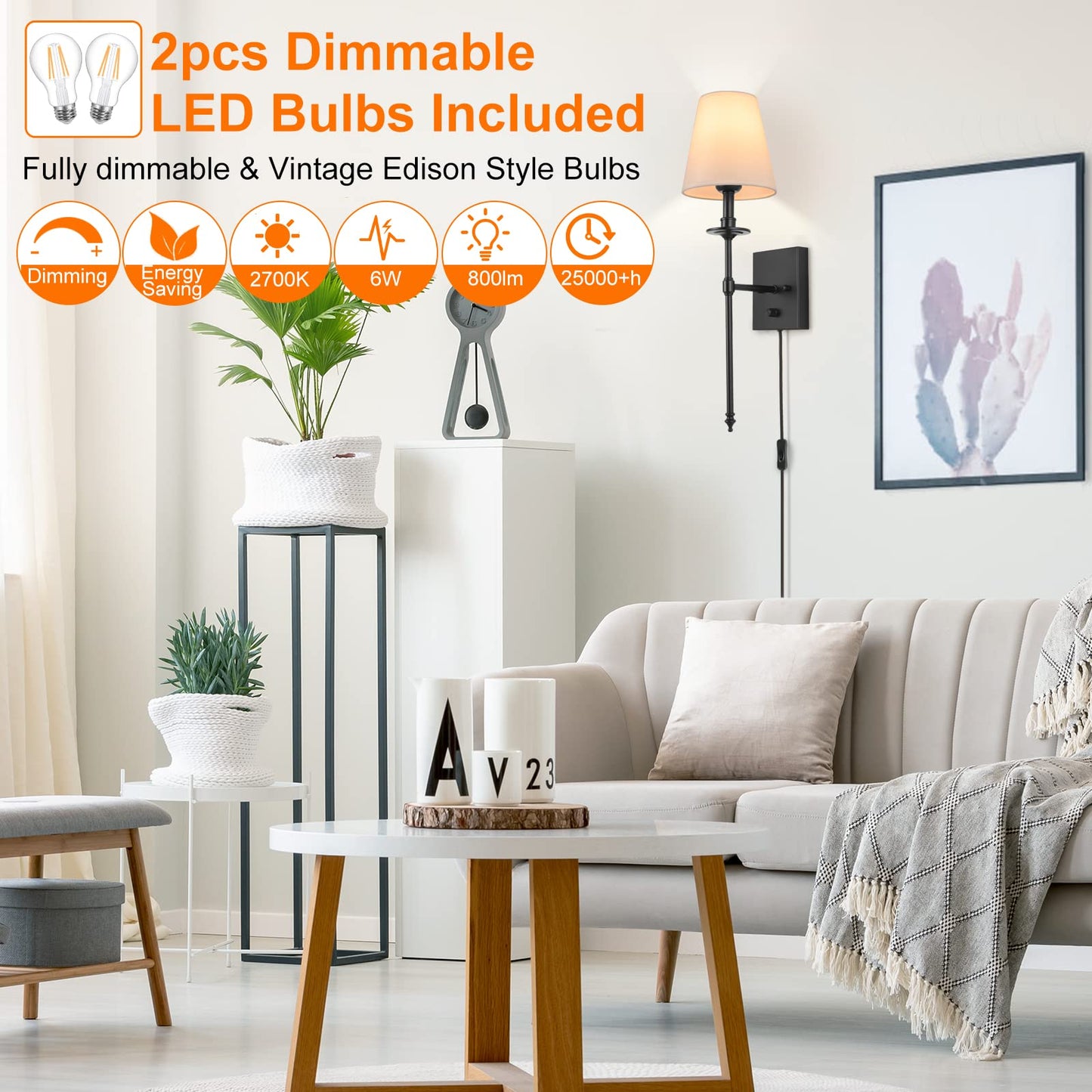 ENCOMLI Dimmable Wall Sconces Set of Two, White Fabric Shade, Plug-in, Black