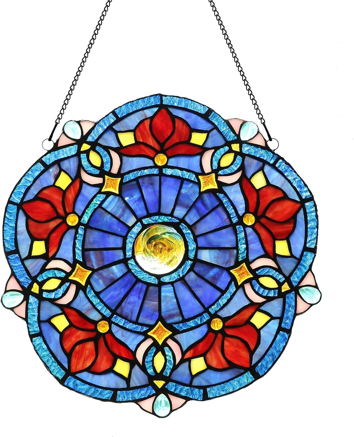 Victorian Style 12" Stained Glass Window Hangings Panel,Decorative Window Hanging Suncatcher, Blue and Red