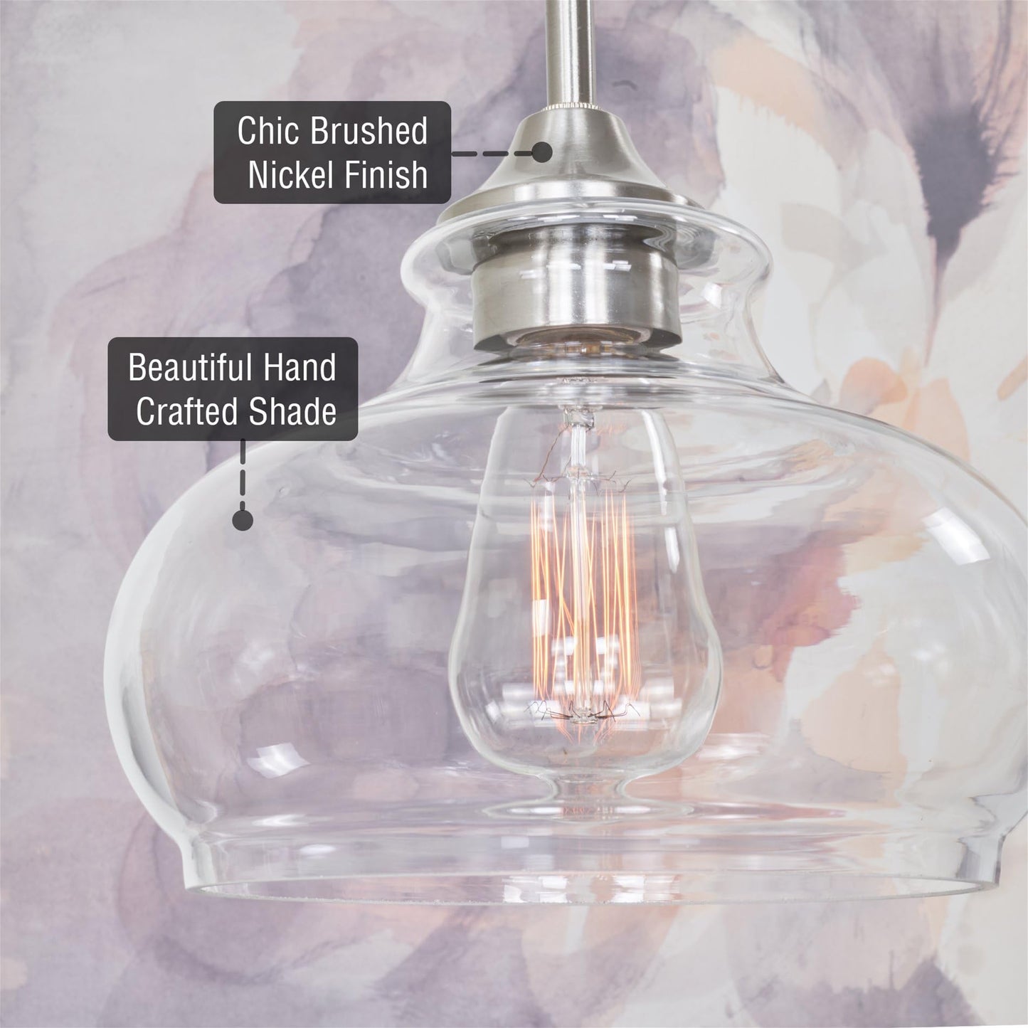 Kira Home Pendant Light, 9in Adjustable Height, Brushed Nickel Finish, Clear Glass Shade, Model RV-CP6802-BN