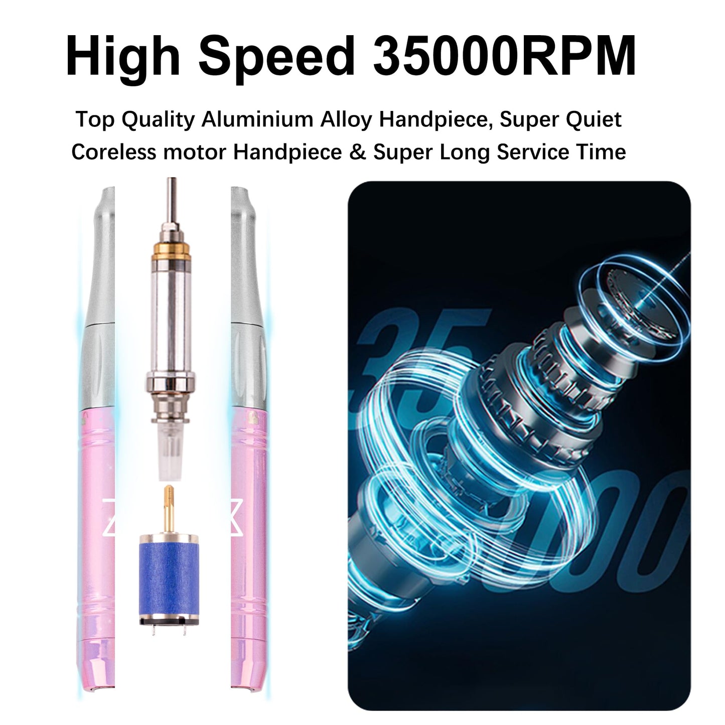M - Mase 35k RPM Coreless Motor Handpiece Nail E-File - Handpiece Only (Handpiece - Unicorn Pink)
