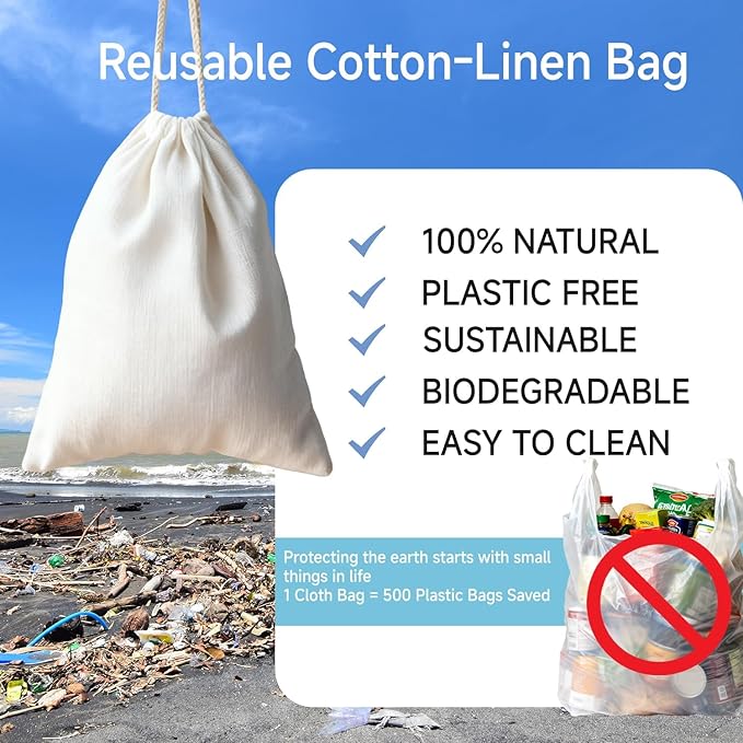 Simple&Opulence 12-Pack 8” x 10” Linen Cotton Drawstring Bags Reusable Grocery Sacks, DIY Craft Sachet Sacks Storage Cloth Bags for Party Wedding Home Bulk Produce Bags, Washable, White