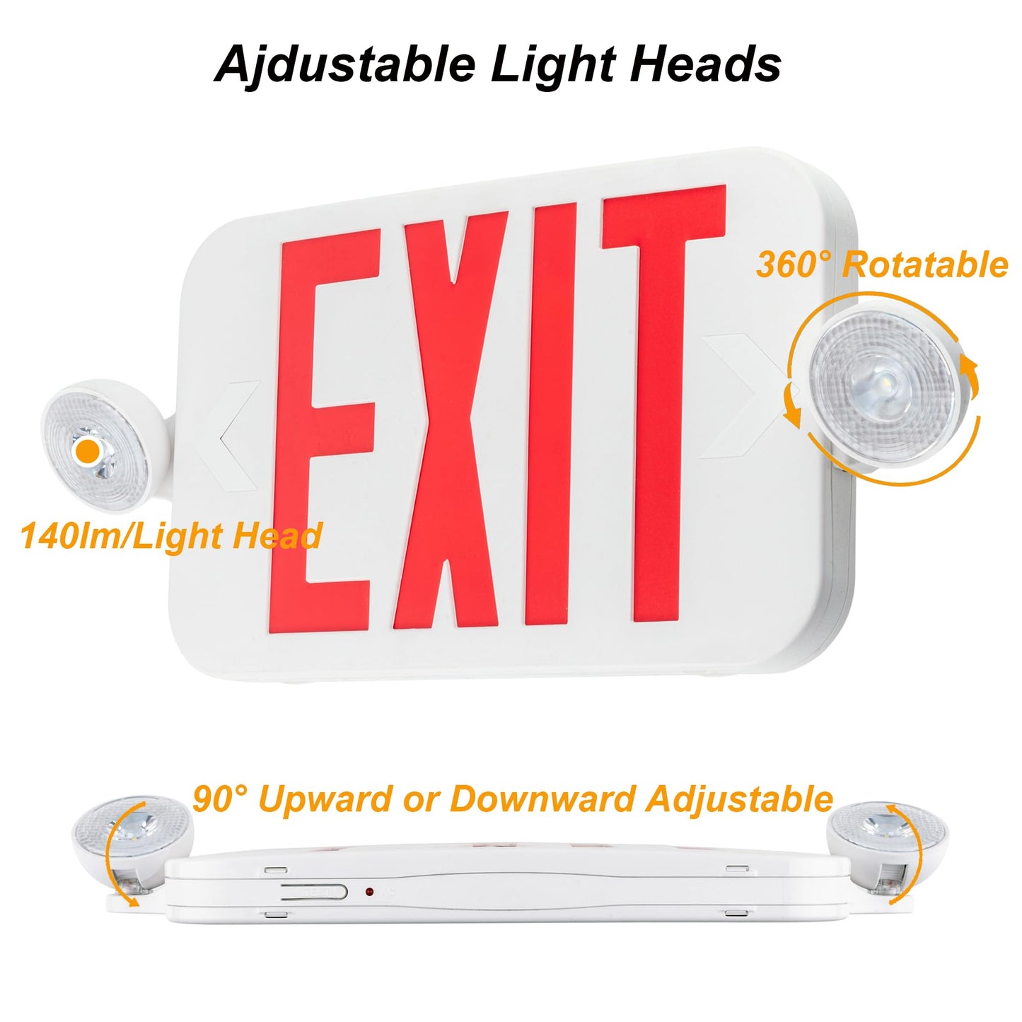 LIT-PaTH LED Combo EXIT Sign with 2 Adjustable Head Lights, Double Face, Red Letter, 2-Pack, UL 924, 120-277 Voltage, White