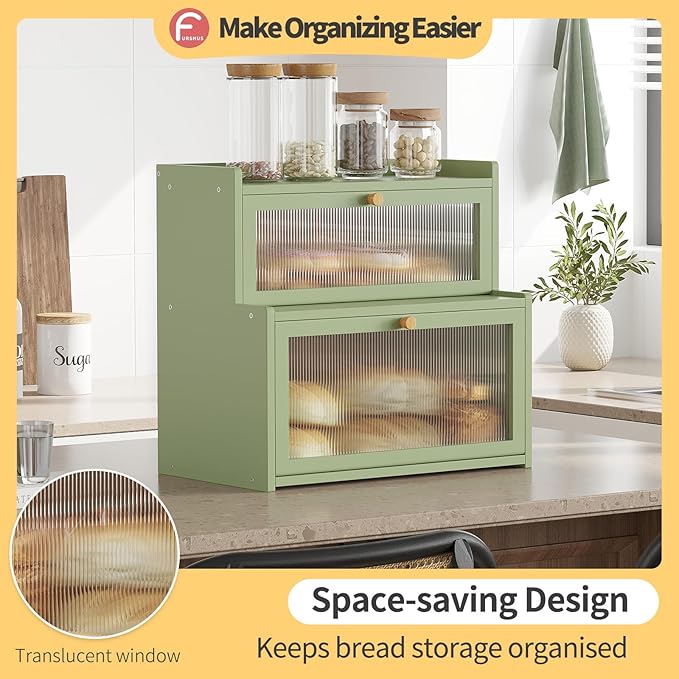Double Layer Bamboo Bread Box for Kitchen Counter, Countertop Bread Storage Container, Bread Container Bread Storage with Window Bread Holder (Green)