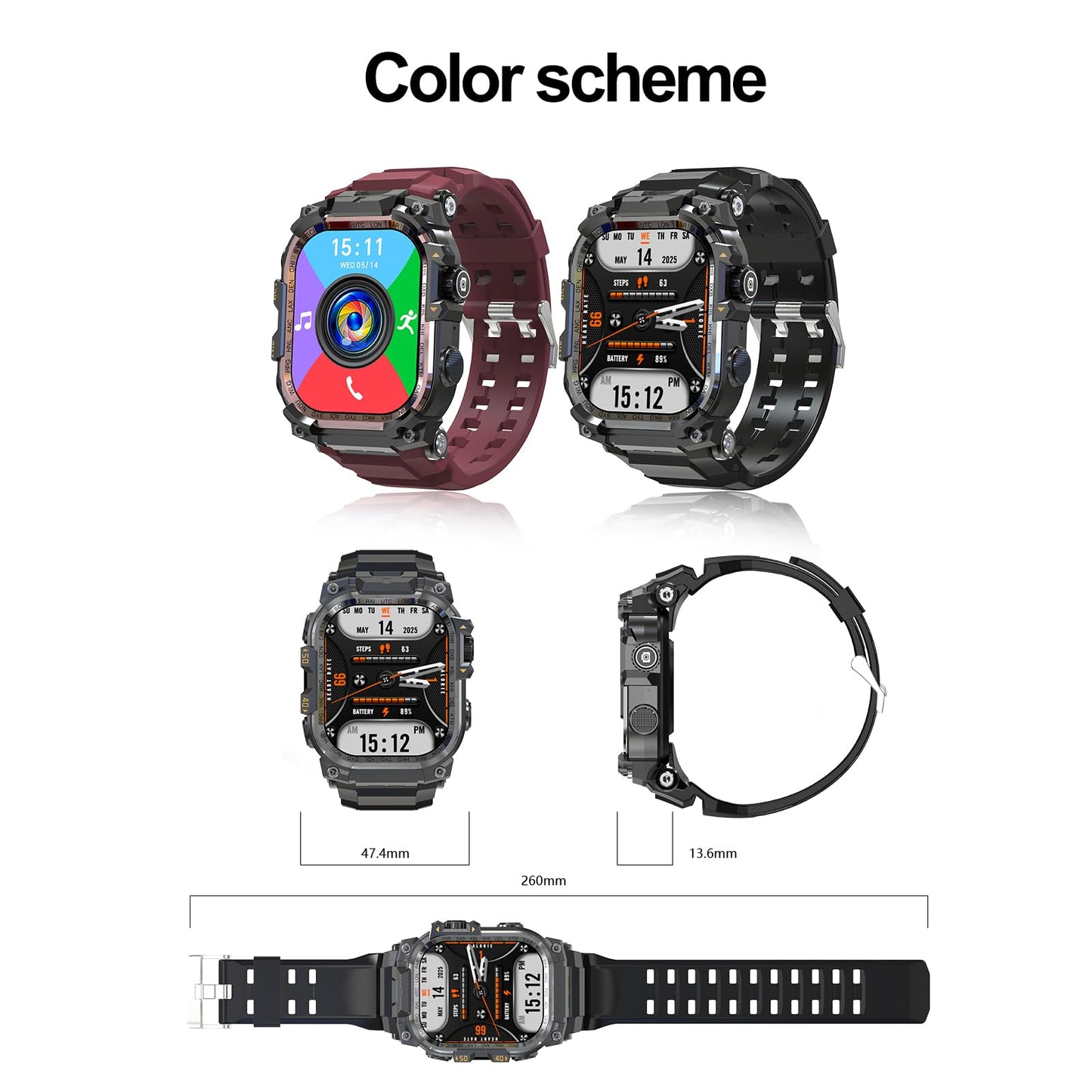 4G SIM Card Android Smartwatch with GPS & WiFi, Military Outdoor Watch for Men, App Downloadable, 2.06" AMOLED Large Screen for Video Chat, HD 180° Rotatable Camera, Health Activity Tracker (Black)