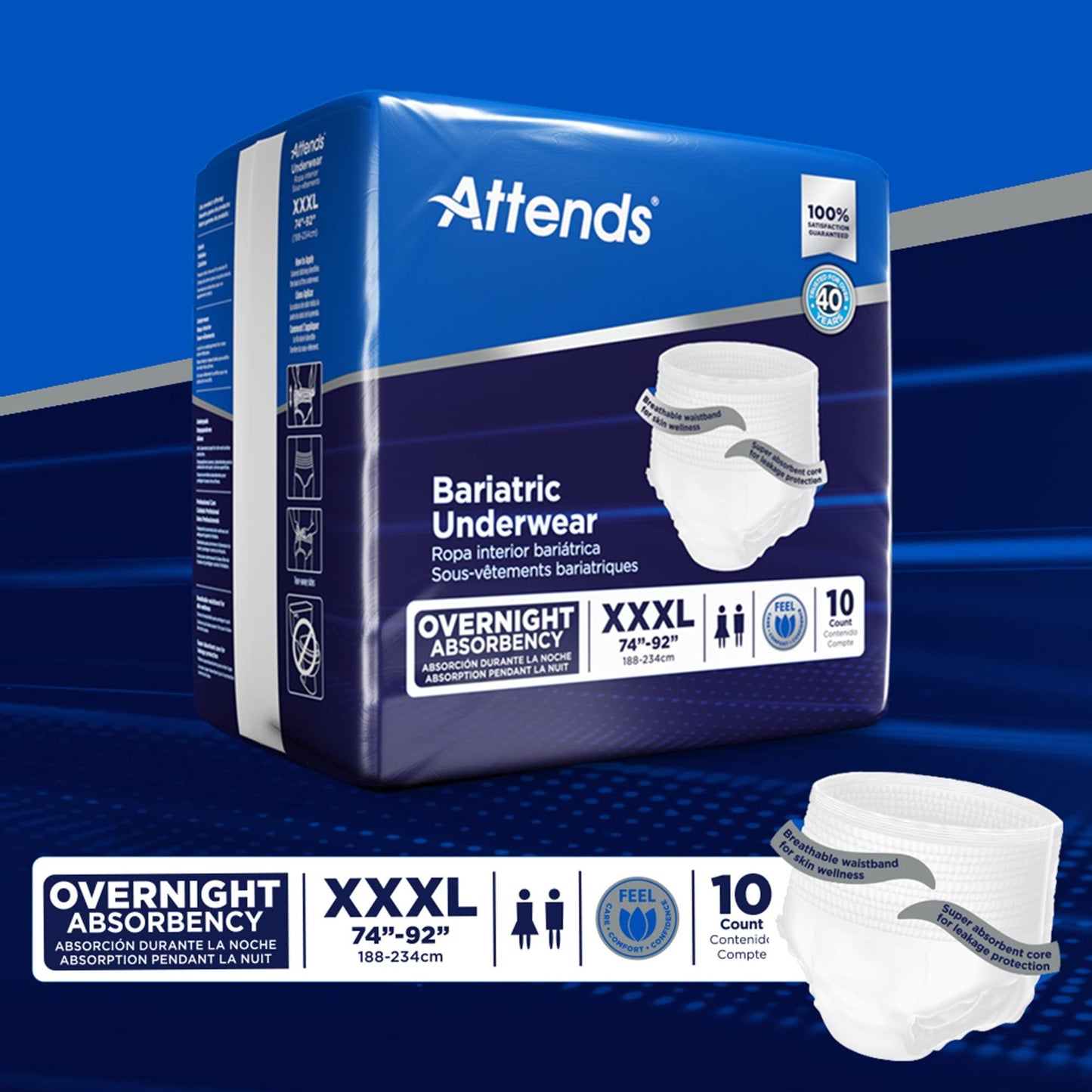 Attends Bariatric Adult Incontinence Underwear, 3X-Large (74-92"), [40 Count] - Overnight Absorbency for Men and Women, Disposable Pull-On Diapers with Tear-Away Sides, AU60