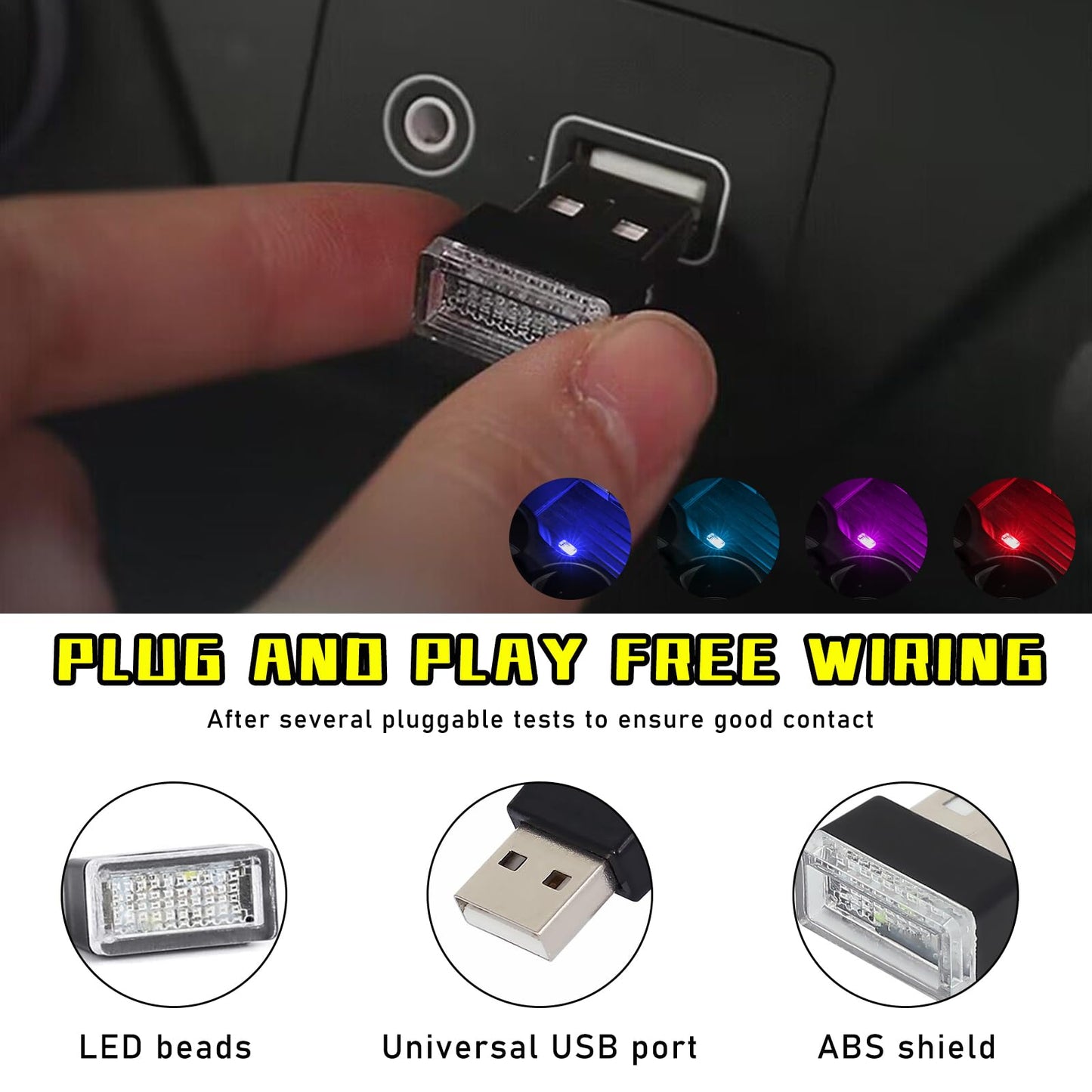 Augeny Usb Led Car Interior Atmosphere Lamp Kit - 4 Pcs, Portable Ambient Lighting, Blue+Ice Blue+Red+Purple