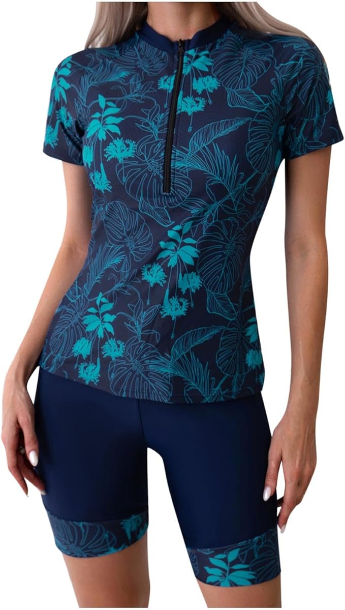 Women Two Piece Rash Guard Short Sleeve Swim Shirt with Shorts Swimsuits Zipper Surfing Bathing Suit Swimwear Set