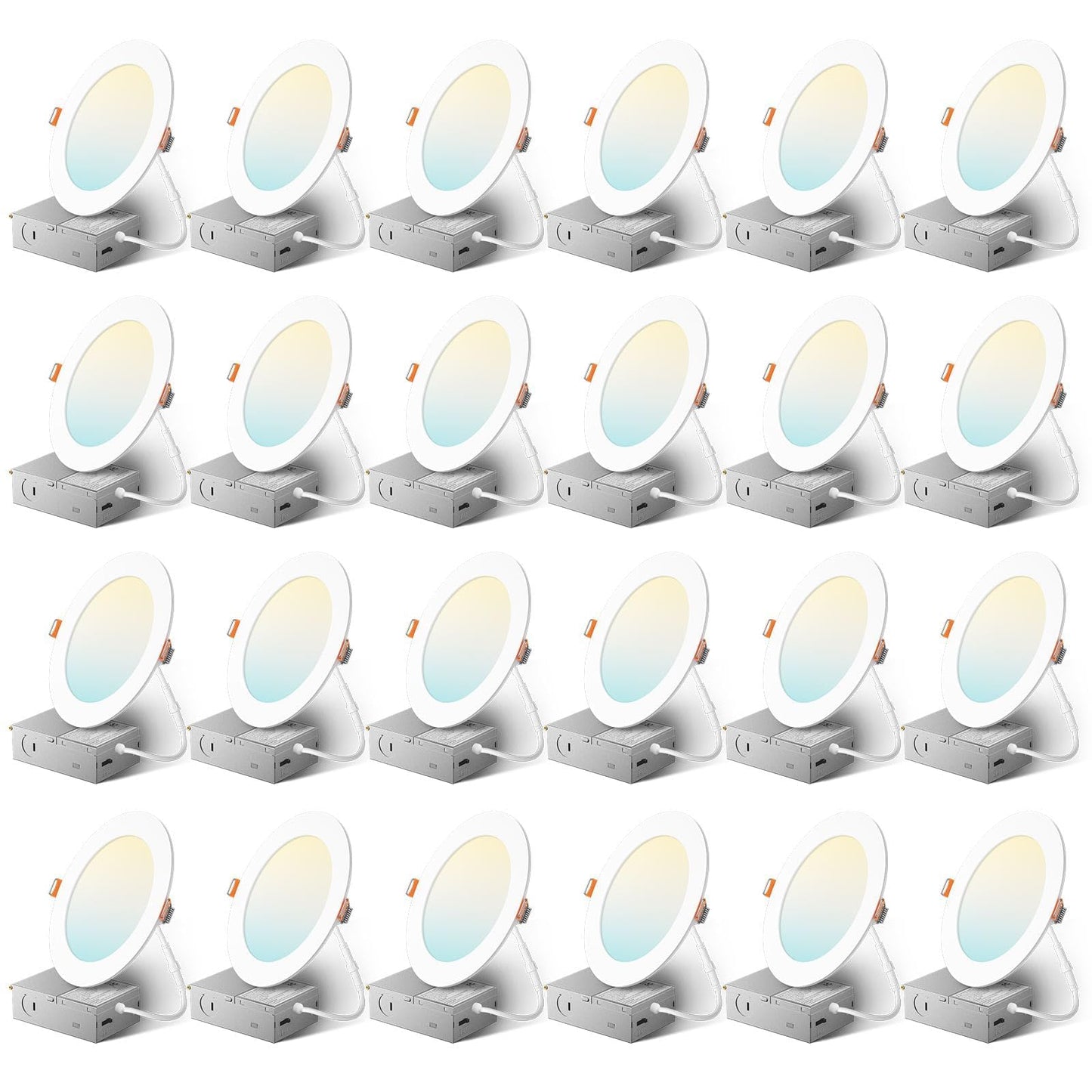 Amico 24 Pack 6 Inch 5CCT Ultra-Thin LED Recessed Ceiling Light with Junction Box, 2700K/3000K/3500K/4000K/5000K Selectable, 1050 Lumens, Dimmable Canless Wafer Downlight, 12W Eqv 110W-ETL&FCC