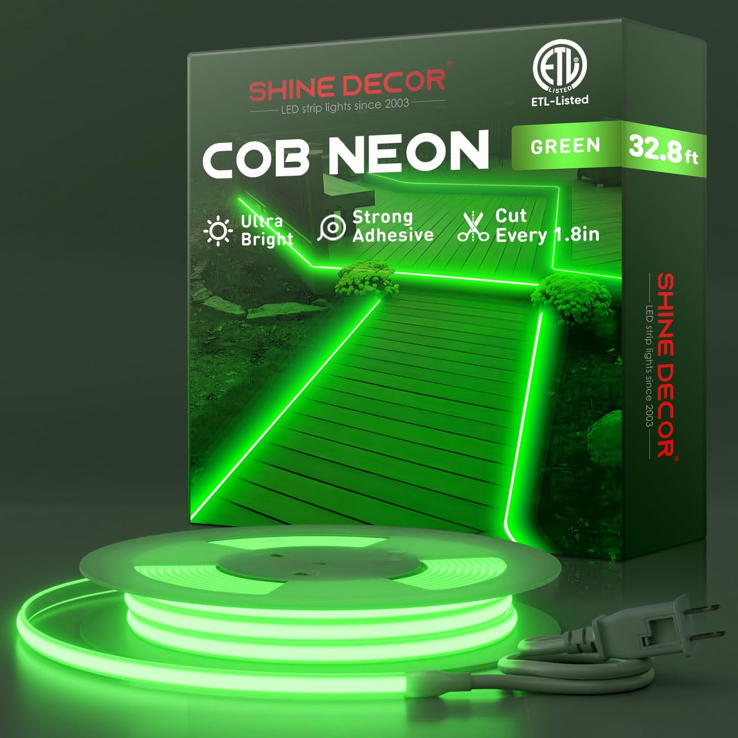 Shine Decor Cob Led Rope Light Ac 120V  800Lm Ultra Bright  Ip65 Waterproof Cold-Resistant Etl Neon Strip  No Driver Tape Lighting For Home Commercial 10X4.5Mm  Green  32.8Ft