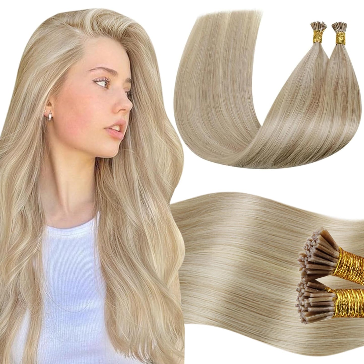 LaaVoo I Tip Hair Extensions Human Hair I Tips Hair Extensions Real Human Hair Ash Blonde Highlighted Bleach Blonde 50g 50s 18 i