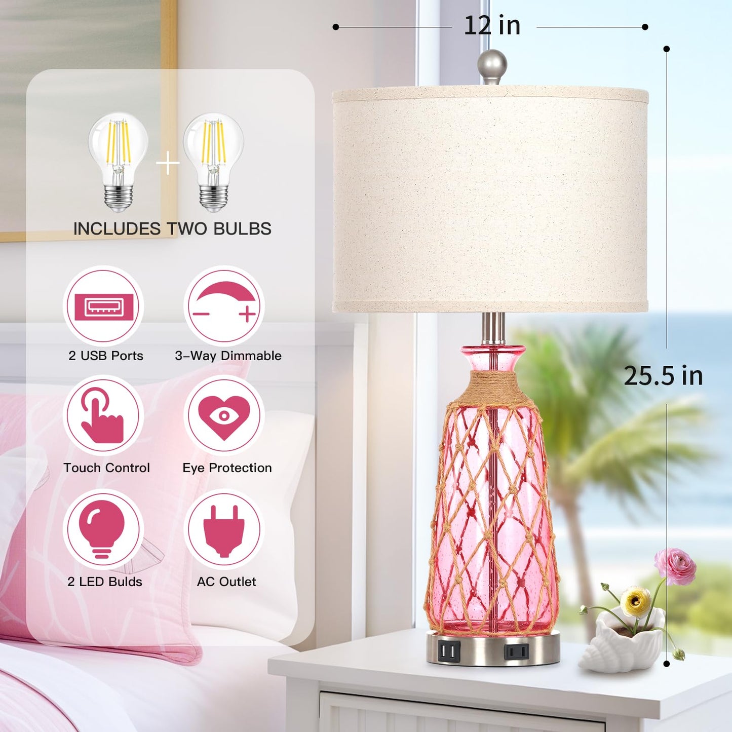 Ruzectt Table Lamps Set of 2, 25.5in Glass, 3-Way Dimmable Touch Control, Pink, USB Ports & AC Outlet, LED Bulbs Included