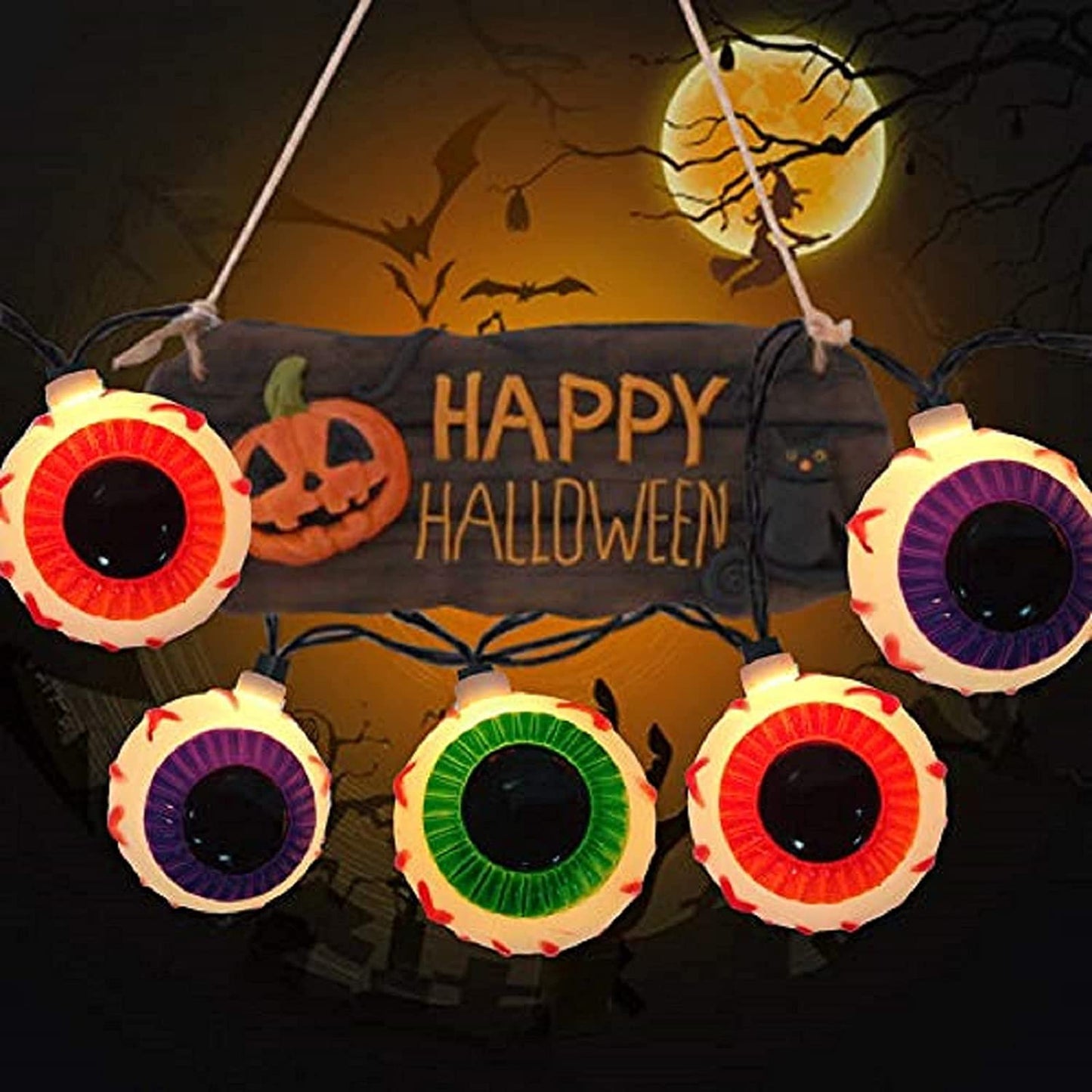 Abeja Halloween Eyeball String Lights, 8.5Ft Waterproof, 10 Bulbs, Indoor/Outdoor Use, Black
