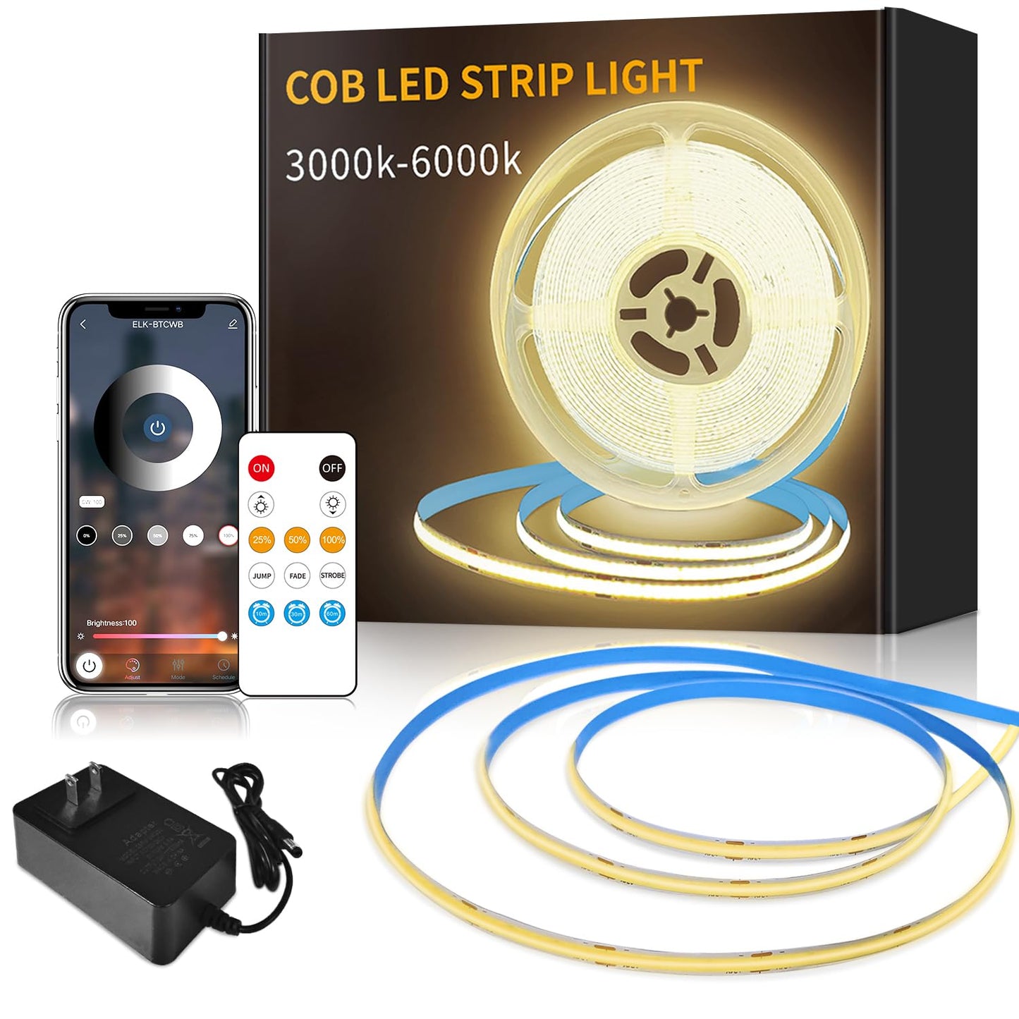 Yeewhale 16.4ft COB LED Light Strip 3000K Warm White Dimmable DC 24V Flexible LED Tape Light for Bedroom, with Remote and app Control LED Strip Lights,for DIY Decoration
