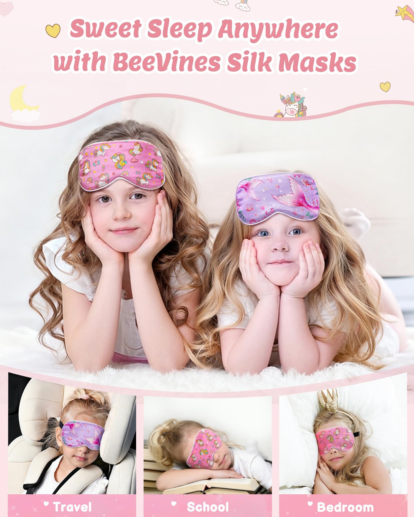 BeeVines Kids 100% Real Mulberry Silk Sleep Mask 2 Pack, Original Design Pure Silk Sleeping Eye Masks for Girls, Skin-friendly Blackout Eye Cover, Adjustable Strap, Reduce Puffy Eyes, for Travel Gifts