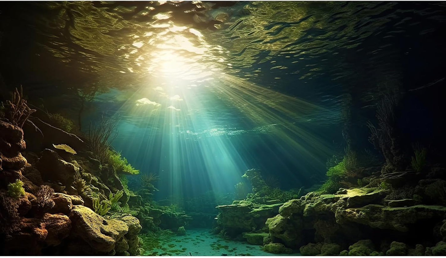 Fish Tank Background Under The Sea Aquarium Background Ocean Floor Sunray Rock Terrarium Backgrounds Coral Reef Aquatic Plants Underwater Cave Aquarium Wallpaper for Fish Tank Decorations 48x18in