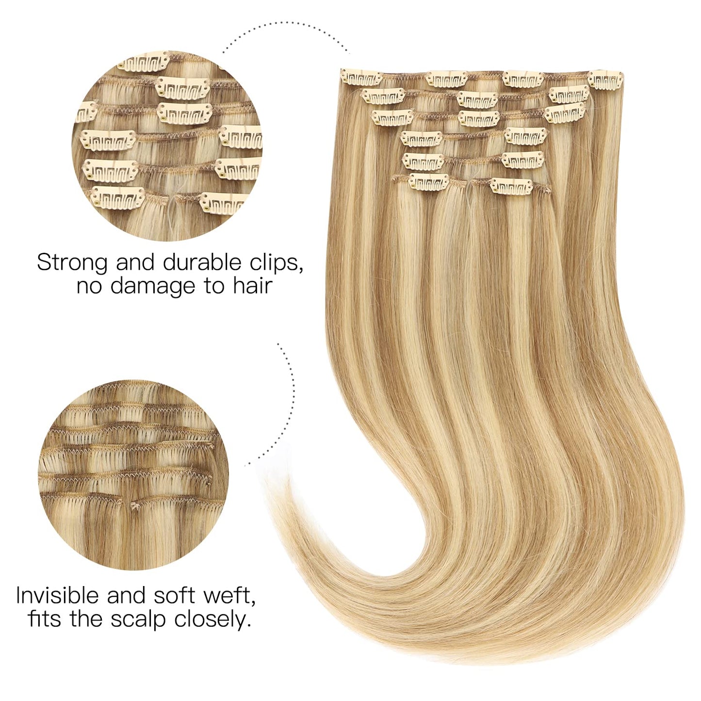 HOTBANANA Clip in Hair Extensions Real Human Hair, 145g 7pcs 24 inch Light Blonde Highlighted Golden Blonde Clip in Human Hair E