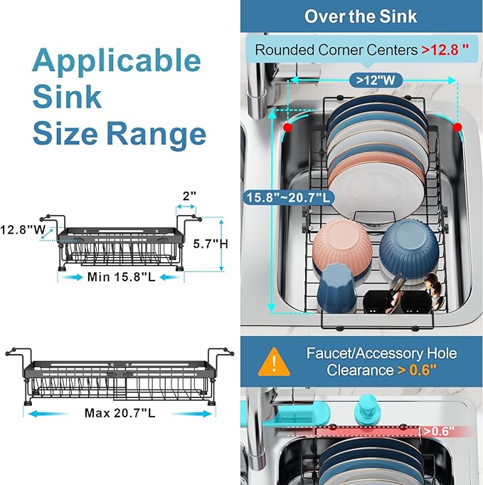 iSPECLE in Sink Dish Drying Rack - Capacity Expandable Over Sink Dish Rack with Mat (15.8"- 20.7"), Dish Drainer for Kitchen Counter with Utensil Holder Large Capacity, Black