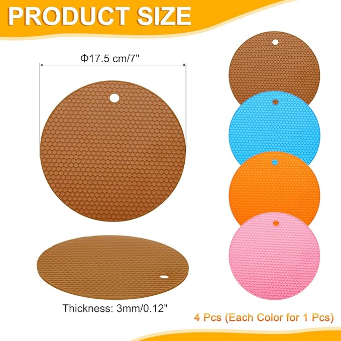 uxcell 4pcs Silicone Jar Opener Pads, 17.5cm/7" Texture Can Opener Multipurpose Round Bottle Lid Opener Non-Slip Coasters for Weak Hands Seniors Children, Brown/Pink/Orange/Blue