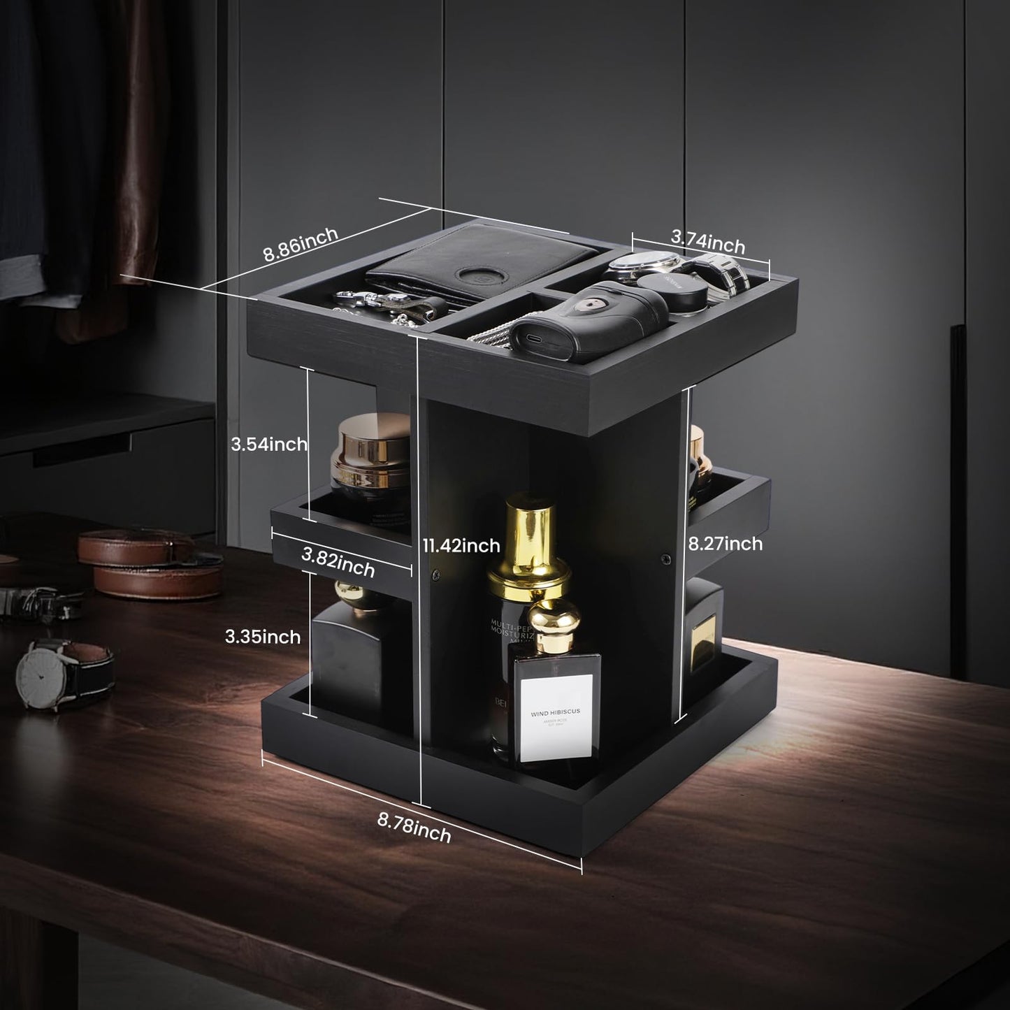 EXIN DECHEN Cologne Organizer for Men,Cologne Stand,3 Tier Large Capacity Wood Perfume Shelf with Rotate,Desk & Nightstand Organ