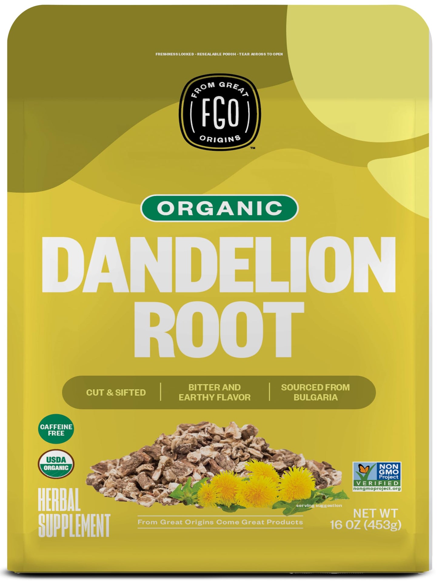 FGO Organic Dandelion Root Loose Tea, Resealable Kraft Bag, 16oz, Packaging May Vary (Pack of 1)