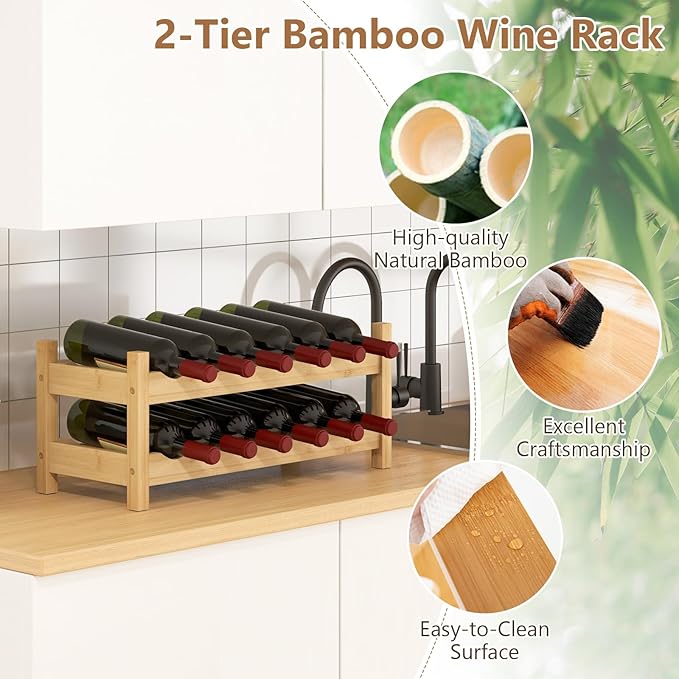 Giantex Bamboo Wine Rack, 2 Tier 12 Bottle Wine Storage Cabinet Shelf, Small Wine Rack Bottle Organizer Freestanding Counter, Countertop Wine Racks for Kitchen, Bar, Pantry & Wine Cellar, Natural