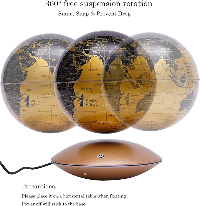 Floating Magnetic Levitation LED Globe, 6 Inch, Gold, Political Map, Metal Base