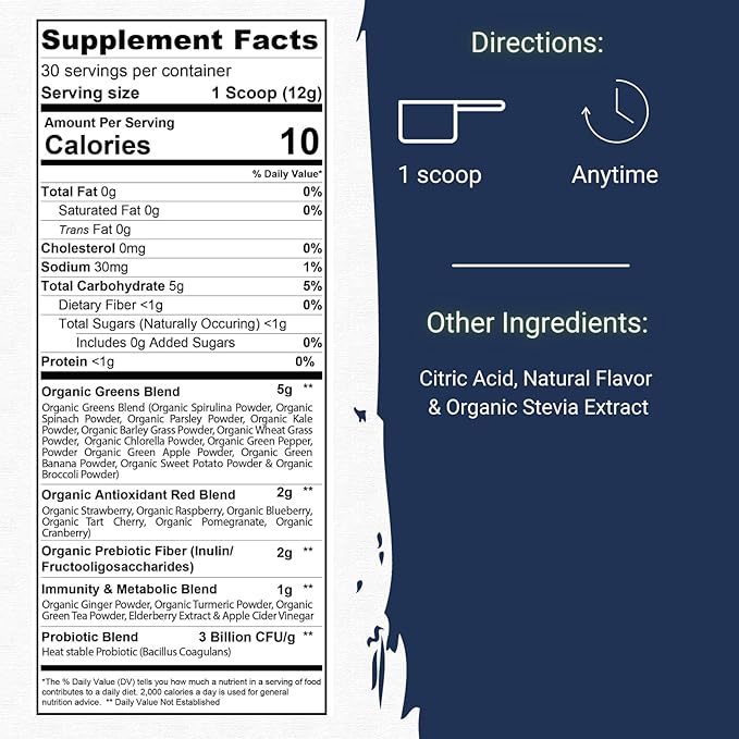 Gaspari Nutrition Greens and Reds: Organic Superfood Powder, Immune Support, Probiotics and Fiber, Vegan and Non-GMO (30 Servings, Natural Fruity)