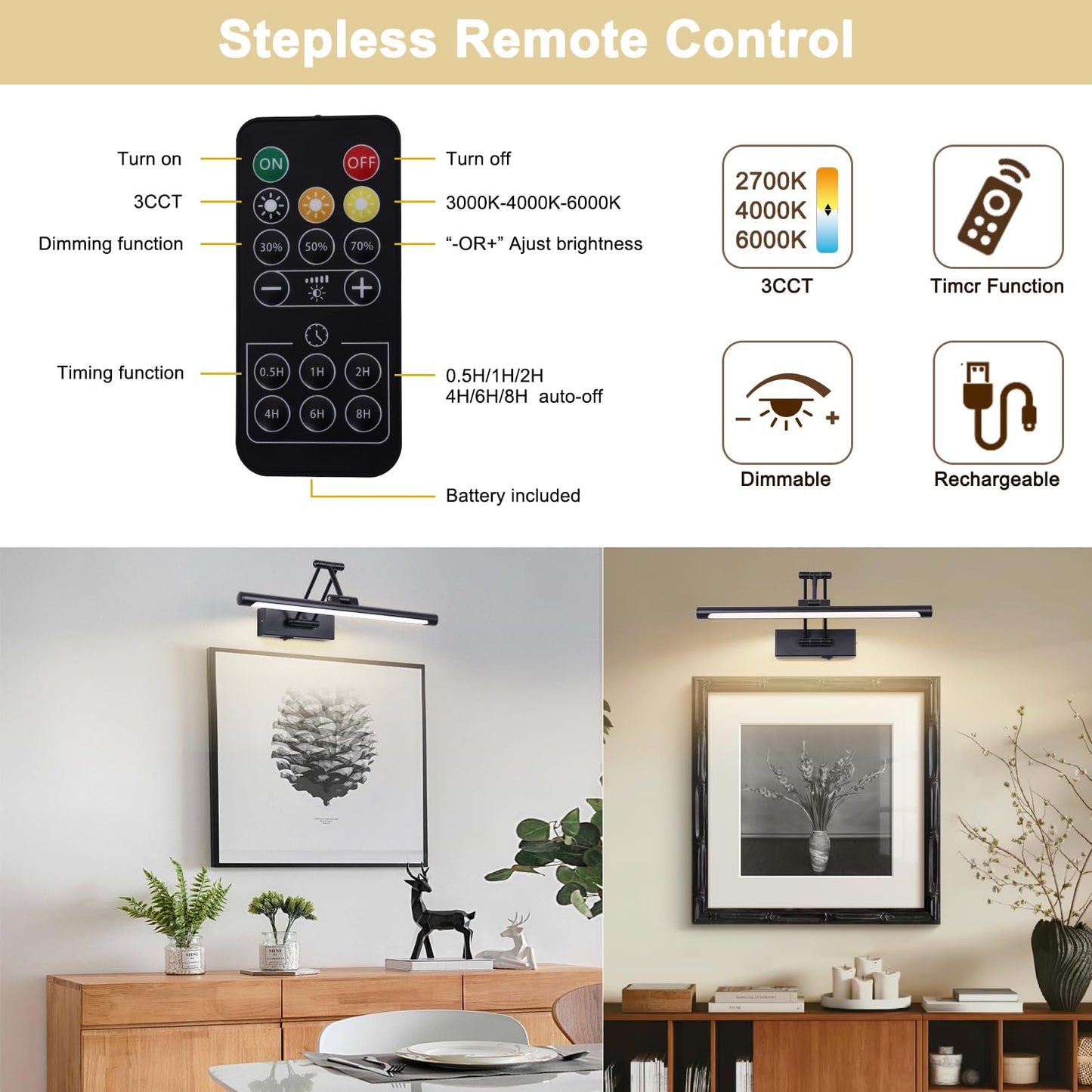 Battery Operated Picture Light With Remote 16  Black Art Light For discomfort-reducingting Dimmable & Timer Wireless Gallery Lights 3Cct Frame Lighting Rechargeable Wall Lights For Artwork Potrait Dartboard