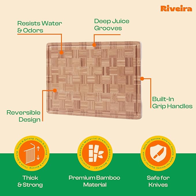 Riveira Bamboo End Grain Wood Cutting Board – Versatile And Durable: Set Of 2 Pcs Wooden Cutting Boards – Natural Wooden Cutting Boards For Kitchen Set – Complete Bamboo End Grain Cutting Board