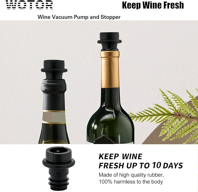 WOTOR Wine Stoppers - Vacuum Wine Saver, Preserver & Sealer (Black, 6 Pieces)