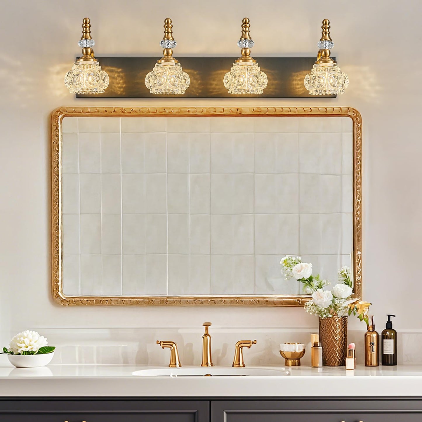 Lbsqj Bathroom Light Fixtures  Modern Glass Crystal Bathroom Vanity Light Vintage Bathroom Lighting Fixtures Over Mirror 4 Light Vanity Lights G9 Bulb (27.55 Inch  Black Gold)