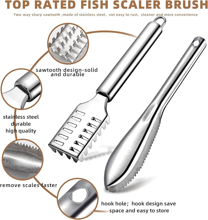 3Pieces Fish Scaler Remover Cleaner Fish Scaler Brush With Stainless Steel Sawtooth Easily Remove Fish Scales-Cleaning Brush Scraper For Chef And Home Cooks Kitchen Fish Cleaning Seafood Tools