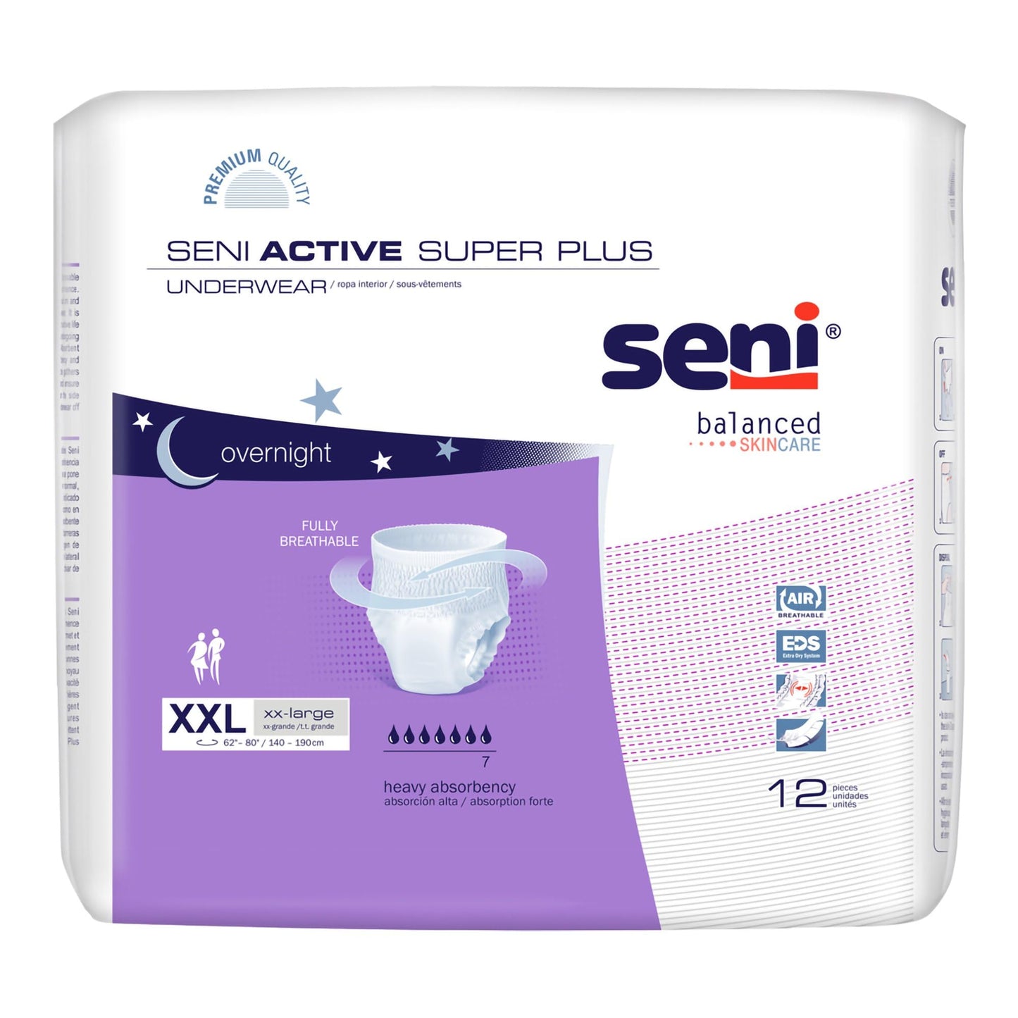 Seni Active Super Plus Unisex Adult Incontinence Underwear, Size XX-Large (62"-80"), 48 Count (4 Packs of 12), Heavy Absorbency, Pull On Disposable Overnight Underwear for Men & Women