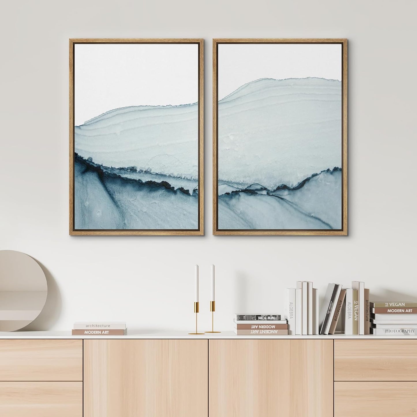 SIGNWIN Framed Wall Art Print Set Blue Paint Stroke Wave Collage Abstract Shapes Illustrations Modern Art Rustic Relax/Calm Multicolor for Living Room, Bedroom, Office - 24"x36"x2 Natural