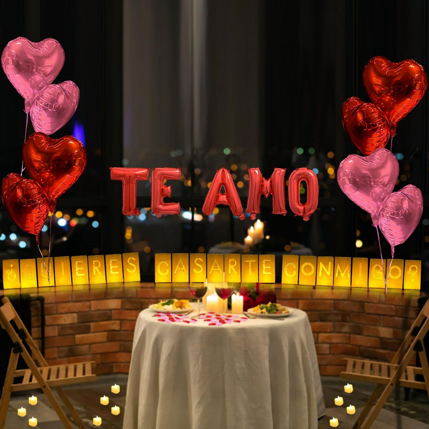 Quieres Casarte Conmigo? Lighted Letters Sign 17Pcs Luminary Paper Bags 2200Pcs Red Pink Artificial Rose Petals 48Pcs Flameless Led Candle Tealight 15Pcs Heart Balloons Romantic Night ValentineS Day