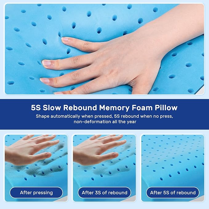Memory Foam Pillows Neck Pillow Bed Pillow for Sleeping Ergonomic Cervical Pillow Orthopedic Contour Pillow for Stomach Sleeper-Blue White