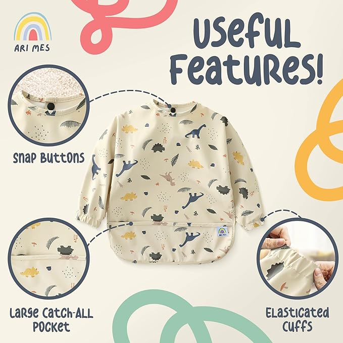 ARI MES Long Sleeves Waterproof Baby Bibs for Eating - Green, Medium- Wearable, Coverall for Toddler, Long Sleeve Bib, Smock Apron for Feeding - Applicable for 6-72 Months