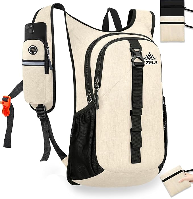 VOBUYING 15L Small Hiking Backpack Foldable Ultralight Trekking Camping Outdoors Backpack for Women Men (beige)
