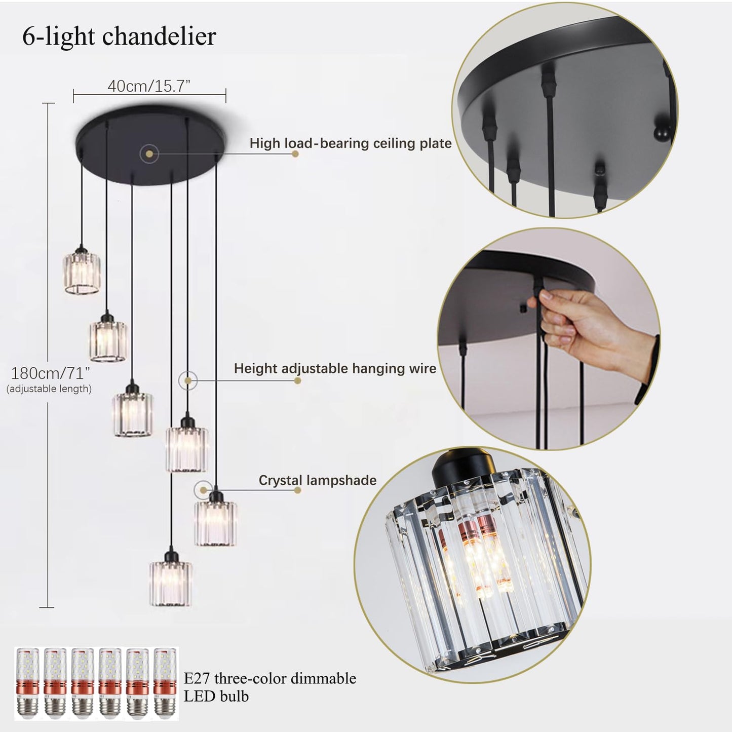 Meimond Long Chandeliers For High Ceilings Modern Crystal Pendant Light Raindrop Drop Lamp Hanging Flush Mount Lighting Fixtures For Spiral Staircase Foyer Entryway Living Room Black (6 Lights)