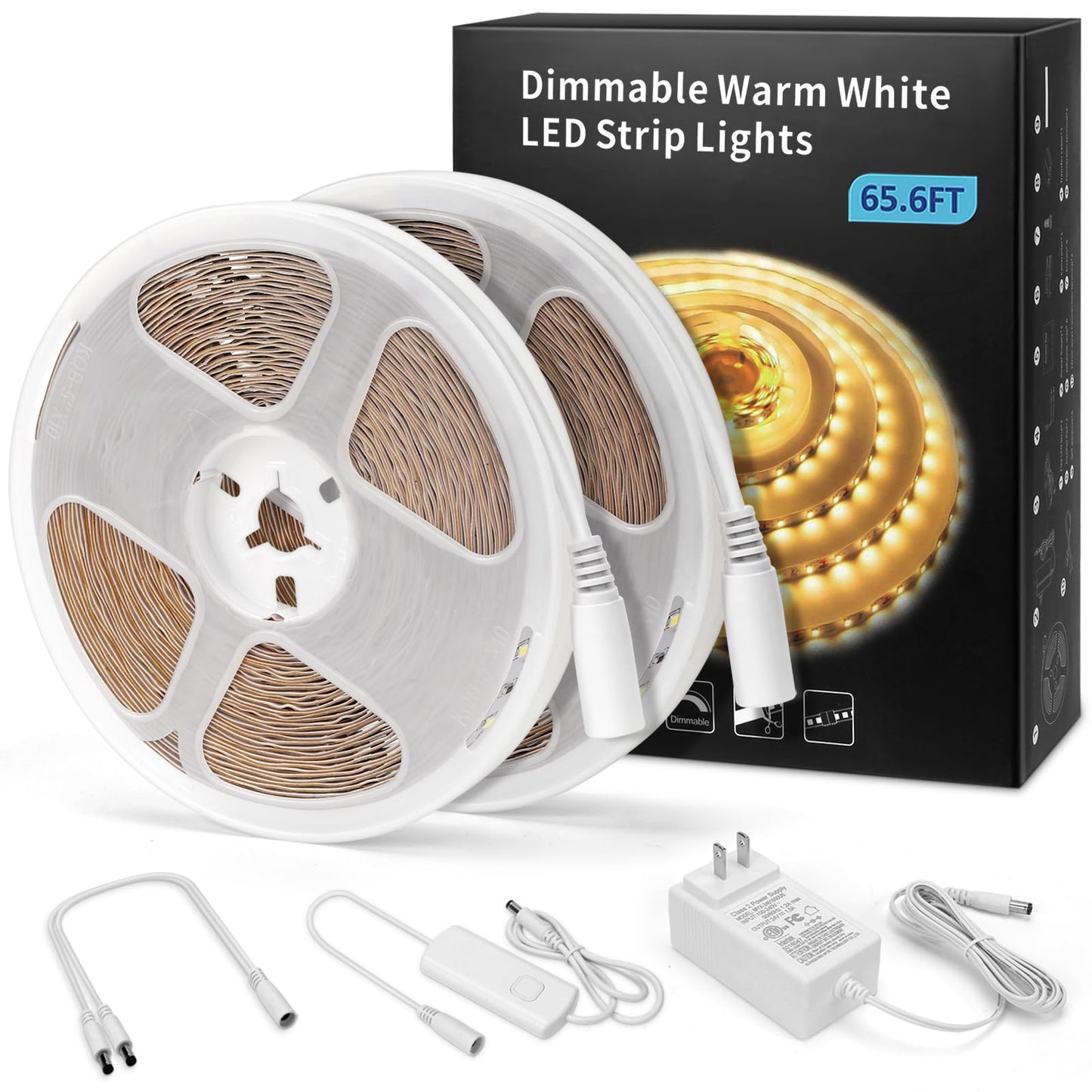 Myplus Under Cabinet Lighting Kit  65.6Ft Dimmable Led Strip Lights With 1200 Leds 24V  Low Power Safety Adapter  Flexible Tape Light For Kitchen Cabinet Bedroom Counter Shelf (Warm White-3000K)