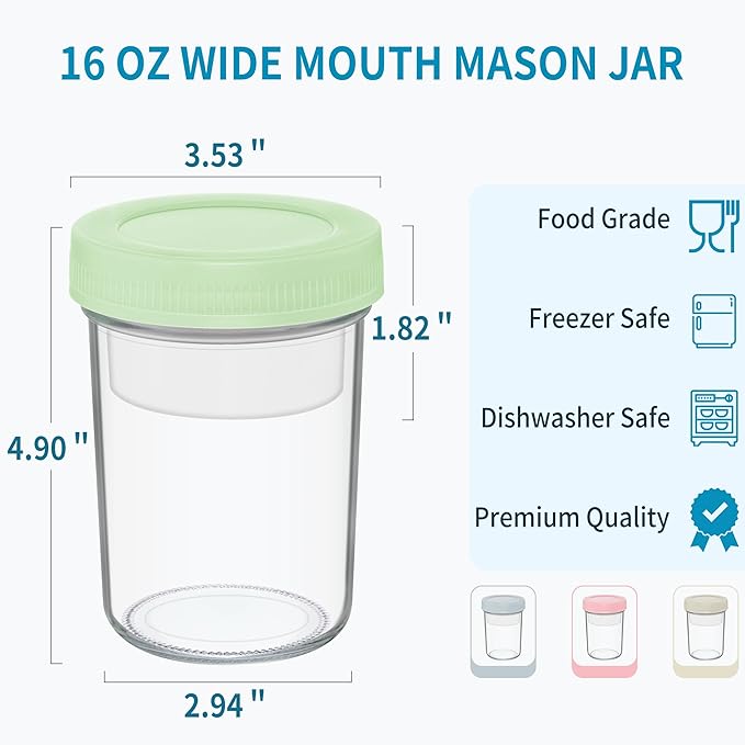 16 oz Overnight Oats Containers with Airtight Lids - 4-Pack Leak-Proof Wide Mouth Mason Jars & Divided Cups for Dried and Wet Foods, Glass Jars for Chia Pudding, Salad, Snacks, and Yogurt