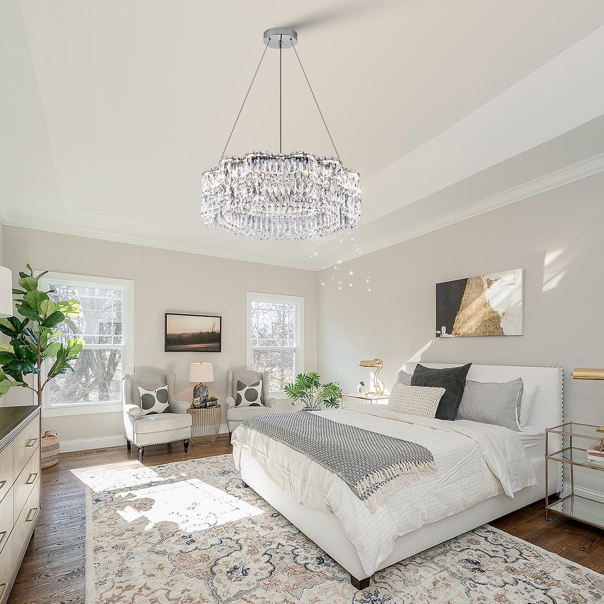 Poemoon Modern Crystal LED Chandelier 32’’ with Remote Control, Dimmable 3000-6500K, Chrome, Model P40-800C1, Large