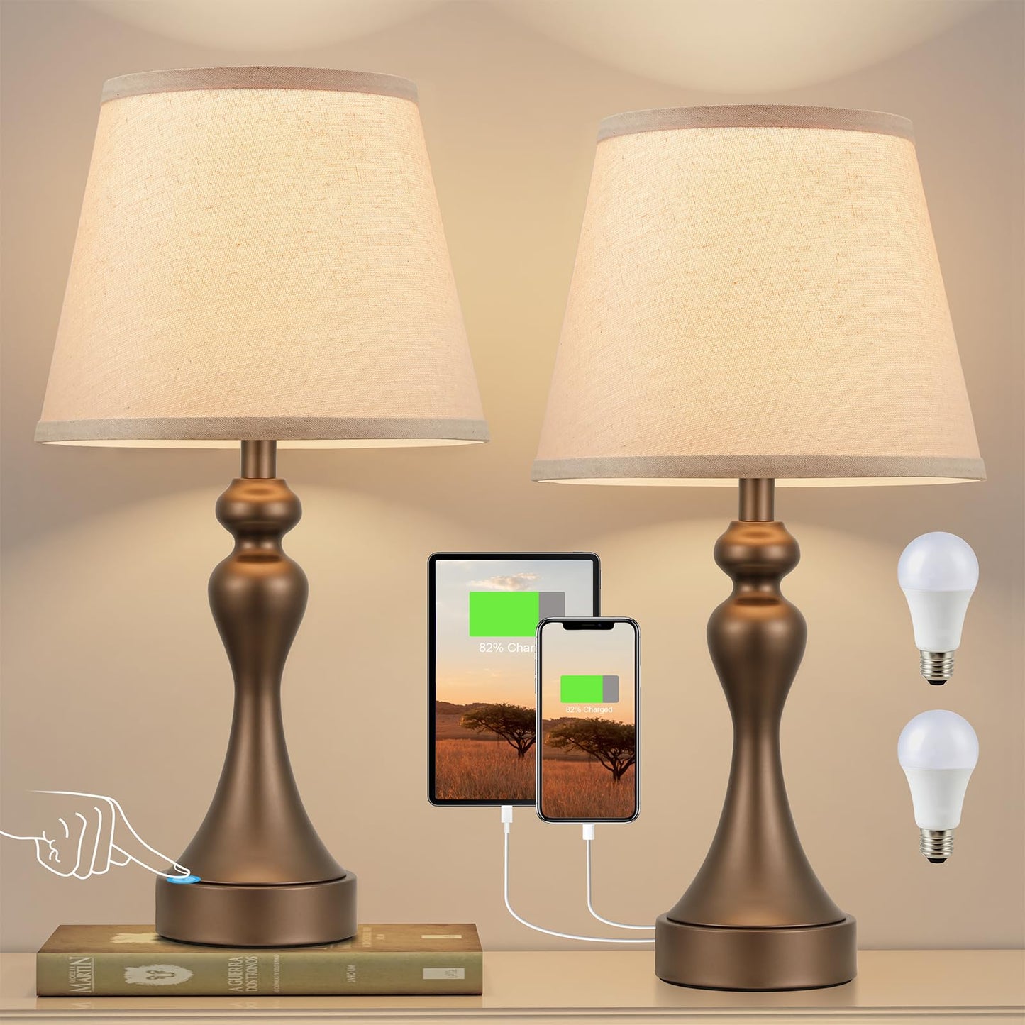 Seealle Touch Lamps Set of 2, 3 Way Dimmable, USB C+A, 9.5 x 9.5 x 19 inches, Brown & Oat Shade, Metal