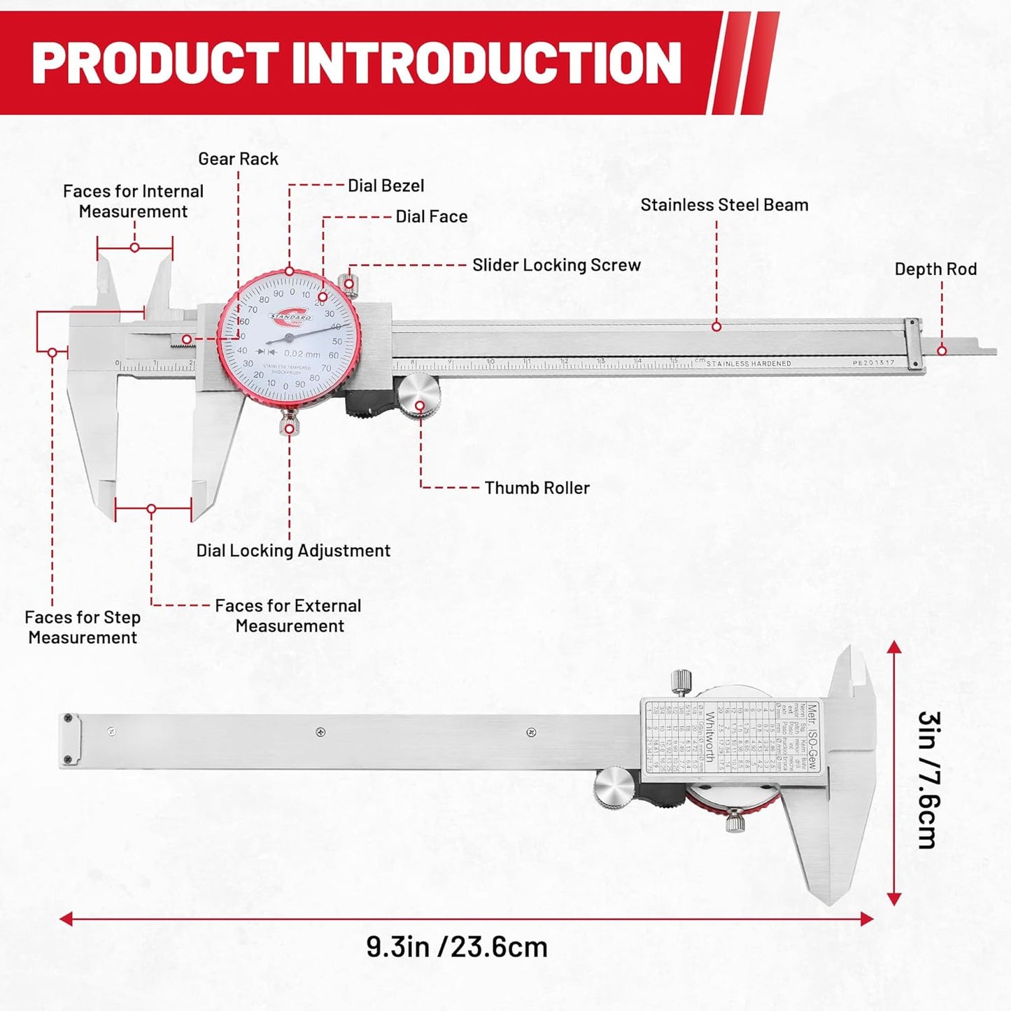 Metric Dial Caliper Measuring Tool 0-150mm Range, Analog Precision Caliper ±0.02mm Accuracy, Manual Mechanical Metal Stainless Steel Measuring Dial with 4-Way Measurements