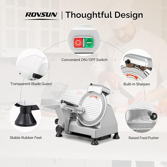 ROVSUN 210W Commercial Meat Slicer, 8 inch Electric Meat Slicer Machine with Adjustable Thickness(0-13mm), Frozen Meat Deli Cheese Food Slicer with Upgraded Carbon Steel Blade for Home and Commercial