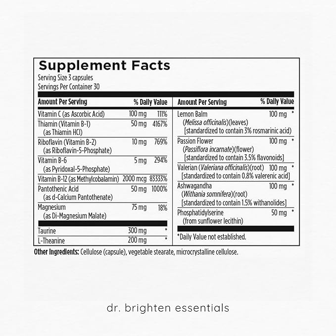 Dr. Brighten Adrenal Calm — Ashwagandha, B Vitamins, Lemon Balm and Amino Acids for Stress Relief, Better Sleep and Balanced Cortisol, Non-GMO — 90 Capsules